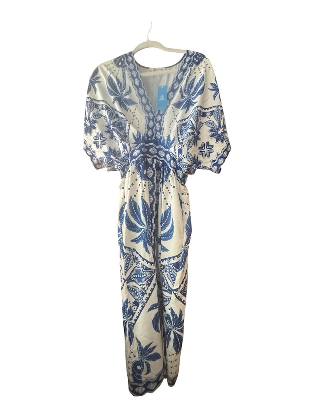 Cupshe NWT Small Blue White Tropical Maxi Swim Cover Up Resort Dress